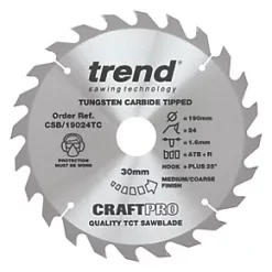 Trend CraftPo CSB/19024TC Wood Thin Kerf Circular Saw Blade for Cordless Saws 190 x 30mm 24T